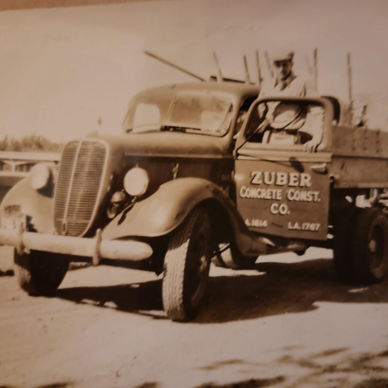 Vintage historical photo of the original Zuber Concrete Construction Co. truck
